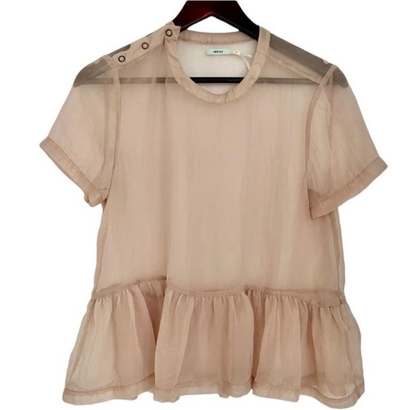 Kimchi Blue sheer taupe ruffle short sleeve blouse - Picture 1 of 7